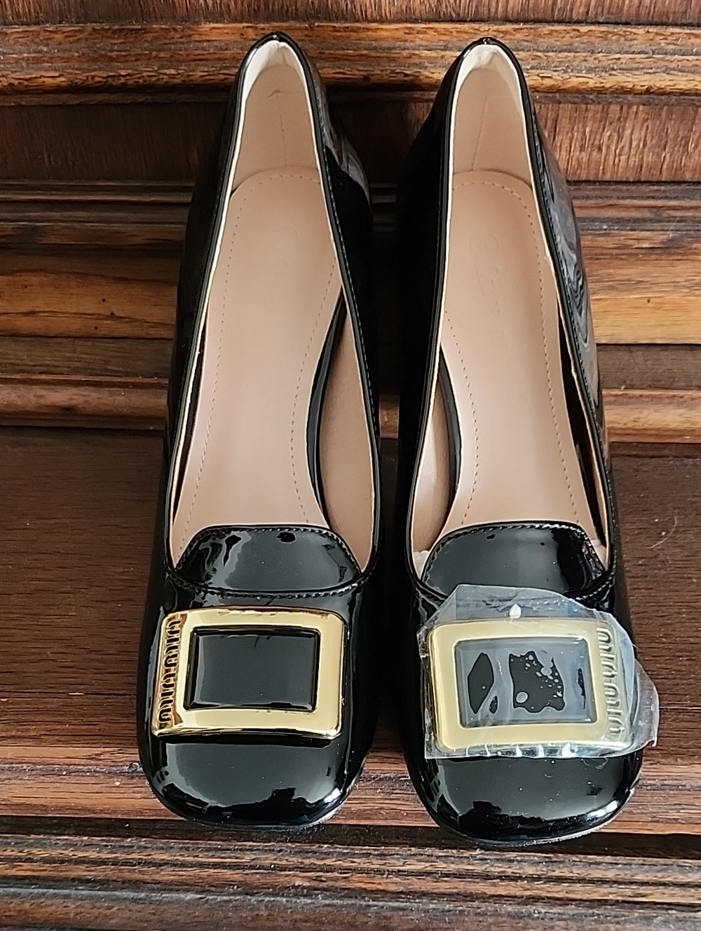Black Patent Leather Square-Toe Heels with Gold Buckle LUXURY INSPIRED Size 37